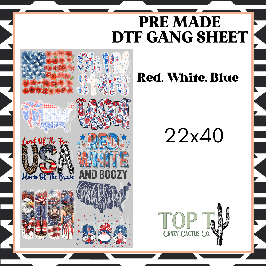 Red, White, Blue **Pre Made DTF Gang Sheet**