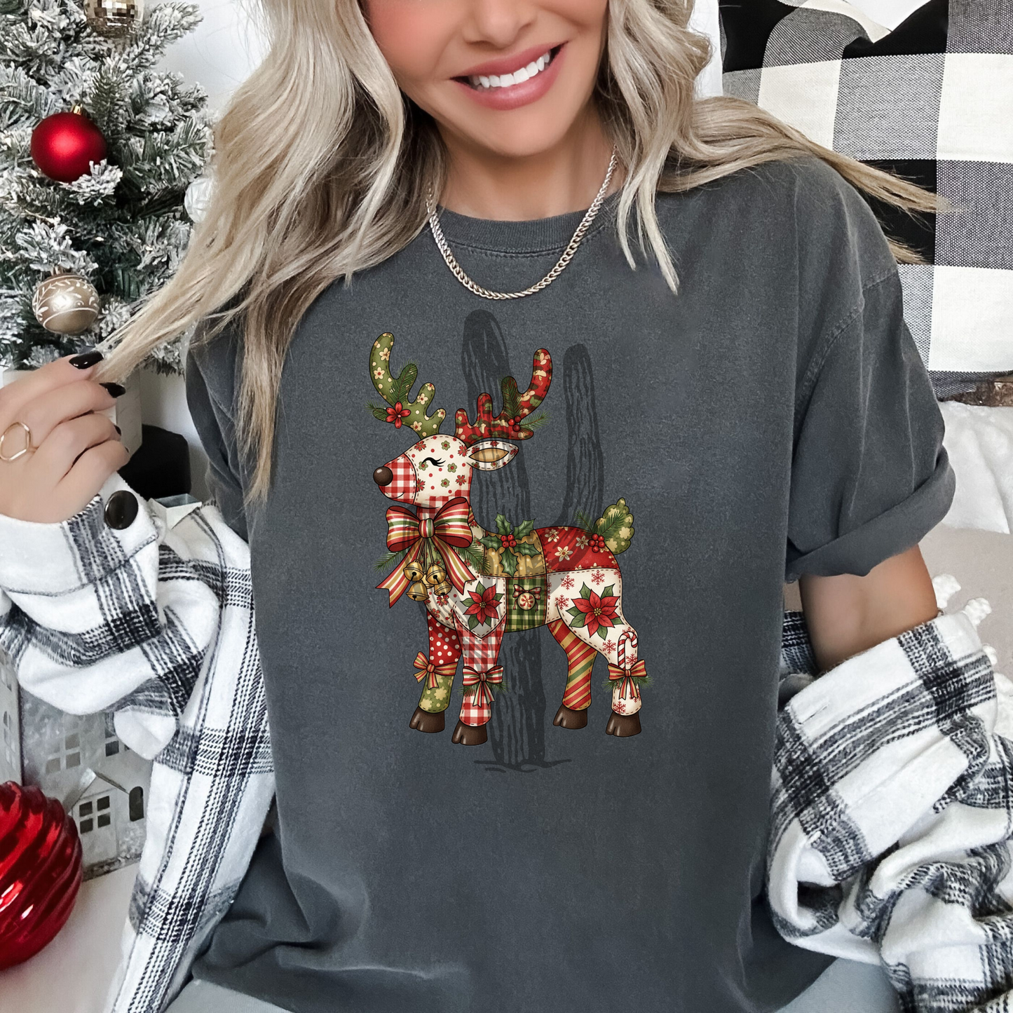 Faux Patchwork Reindeer **DTF Transfer**