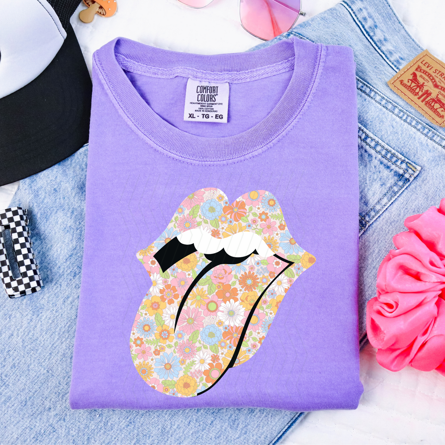 Floral Patchwork Rock n Roll Tongue **DTF Transfer**