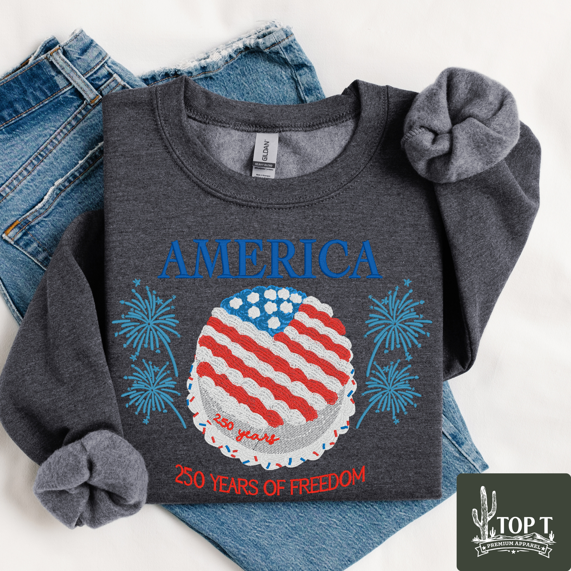 America 250th Birthday Cake **Embroidered Crewneck**