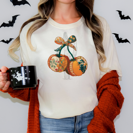 Faux Quilt Pumpkin Cherries **DTF Transfer**