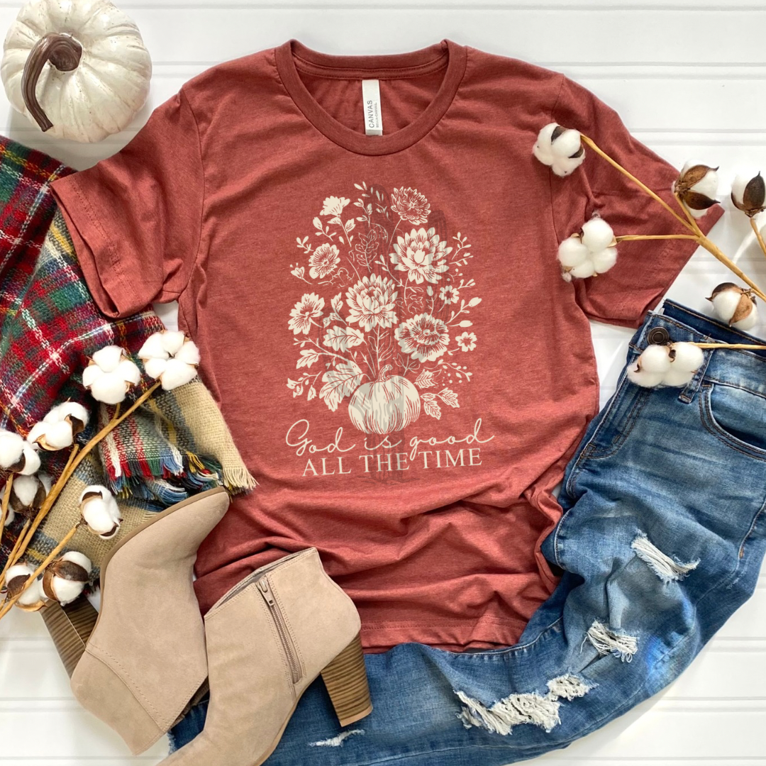 God Is Good All The Time Floral Pumpkin **Screen Print Transfer** Beige ink