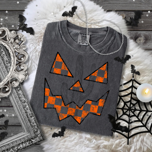 Distressed Checker Jack-o’-Lantern Face  **DTF Transfer**